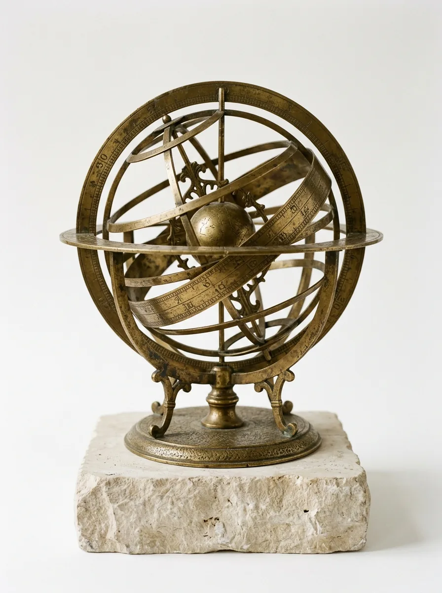 A brass armillary sphere on a limestone plinth