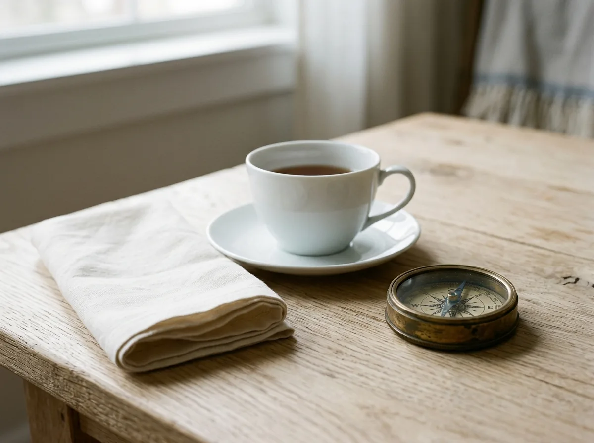 Folded ivory linen, porcelain, and a brass compass on pale oak