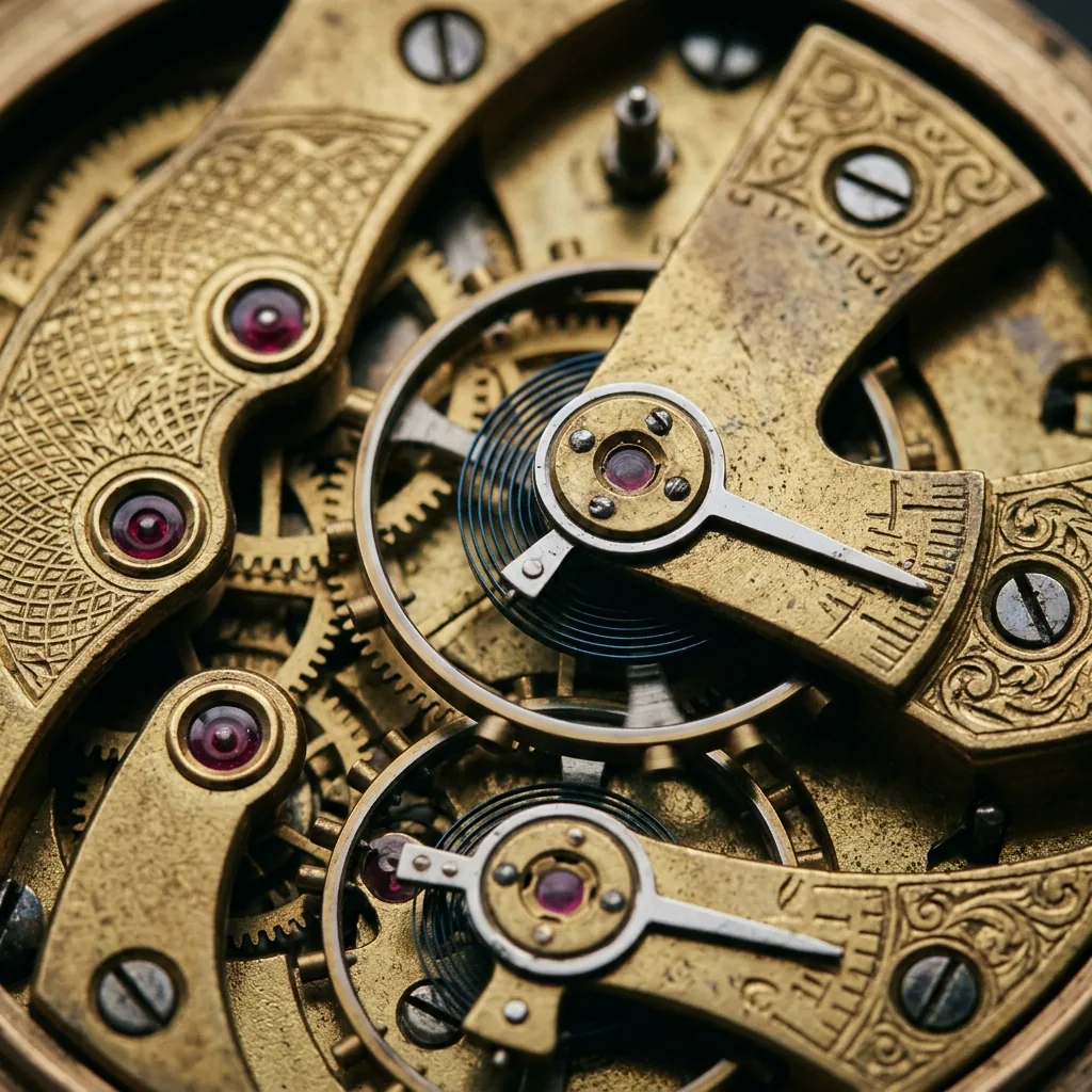 Macro of an antique watch movement with jeweled bearings