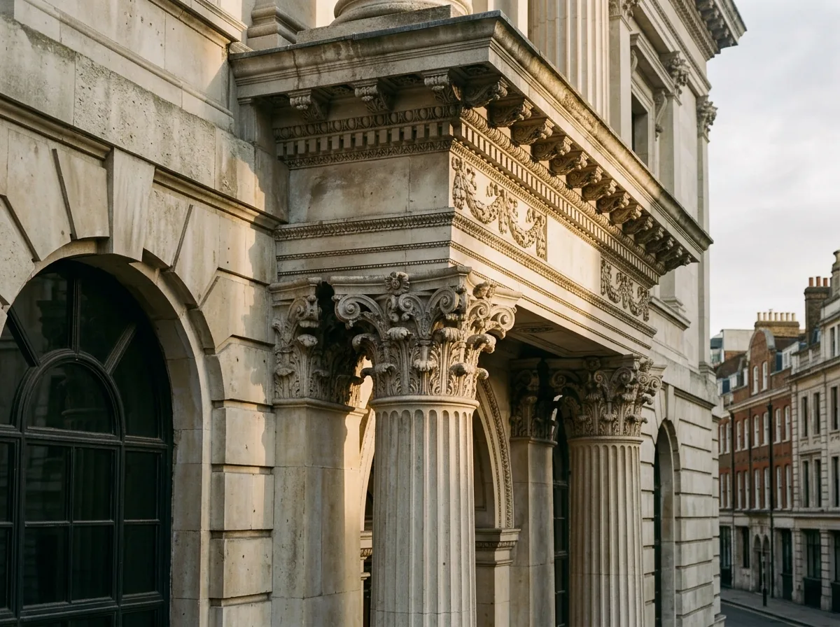 Carved limestone capital of a neoclassical bank facade